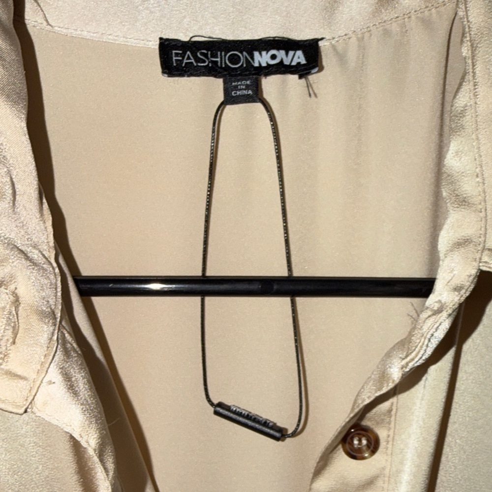 Fashion Nova Beige Satin Shirtdress with Ruched Tie Waist - Picture 7 of 10